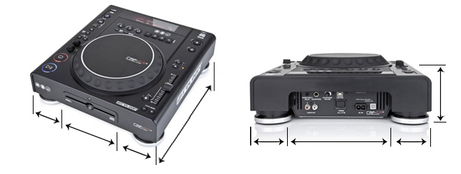 Beispiele, wie ein CD-Player korrekt ausgemessen wird. Insbesondere der Anschlussbereich an der Rückseite, um eine Kabelklappe an der richtigen Position angebracht werden kann.