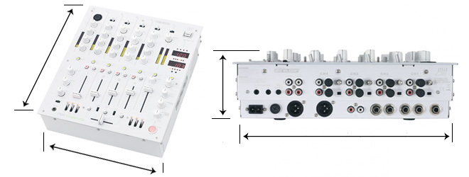 Beispiel, wie an einem DJ-Mixer die nötigen Maße ermittelt werden sollten, insbesondere der komplette Anschlussbereich an der Geräterückseite..