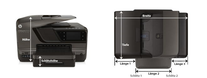 Darstellung eines Druckers von vorne, sowie von der oben. Die zur Messung relevanten Kantenlängen sind eingezeichnet. So sieht man, welche Abmessungen nötig sind um eine Schutzhülle der besonderen Geräteform anpassen zu können.